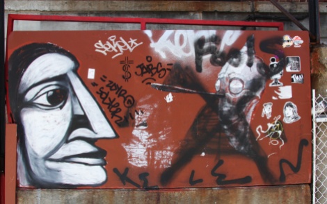 Labrona (left) and Produkt (right vandalised) plus stickers by 123Klan, Futur Lasor Now, Zola, etc.