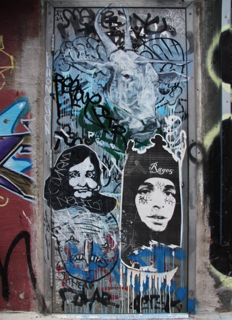 Produkt (top), Rage5 (right wheatpaste), unidentified artist (left wheatpaste) and a Waxhead drawing (bottom left)