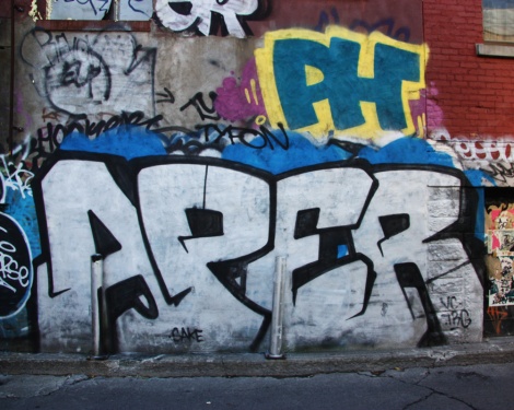 Pieces by Aper (ground level) and someone representing PH (perhaps Pask?) in the graffiti alley between St-Laurent and Clark