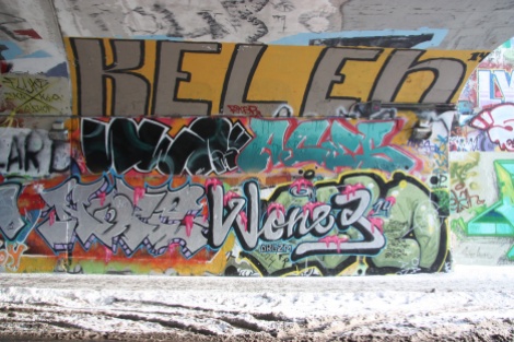 Noper (bottom left), Wonez (bottom right), Serum (middle left), Aces (middle right), Kelen (top) at the Rouen tunnel legal graffiti wall