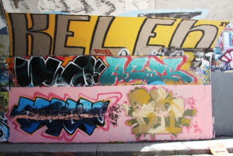 Serum (bottom left and middle left), EK7 (bottom right), Aces (middle right) and Kelen (top) at the Rouen tunnel legal graffiti wall