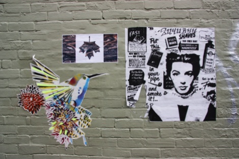 Lily Luciole (bird), Decolonizing Street Art (flag) and 2U4UByU (right) wheatpastes and posters