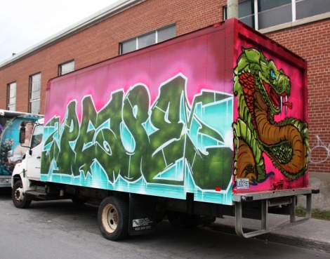 Peace (letters) and Mos (back) on truck; done during the 2016 edition of the Hip Hop You Don't Stop festival