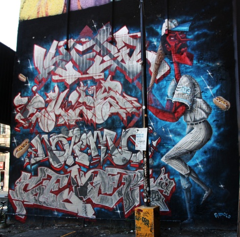 The 203 crew wall for the 2016 edition of Under Pressure, featuring, from top to bottom, Lyfer, Ekes, Naimo and Sener, with baseball player by Arnold.
