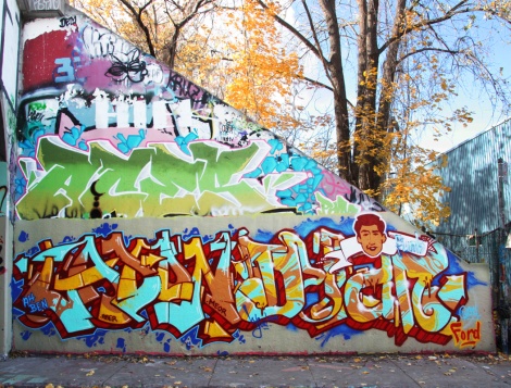 Pask (bottom left) and Bosny (bottom right) at the 2015 Halloween jam at the Rouen legal graffiti tunnel, paying tribute to Dylan Ford "Jays Funk", Mitchell Bracken-Guenet "Aber" and Ricardo Conesa who were killed 5 years before at the Turcot yard. Also visible above is a piece by Aces