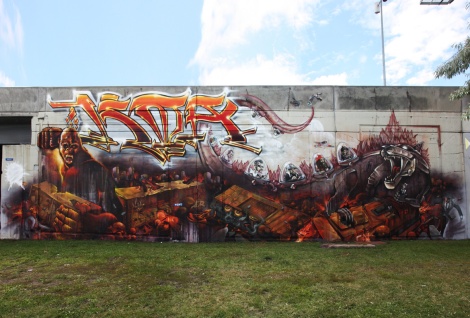 K6A wall at the Festival de Canes, featuring Axe, Dodo Osé, Fleo, Saer, Serak, Monk.e and OstieOne