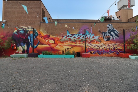 Tyxna mural in Hochelaga featuring Dodo Osé on figurative parts, plus letters by Haks, Zek and Fuser