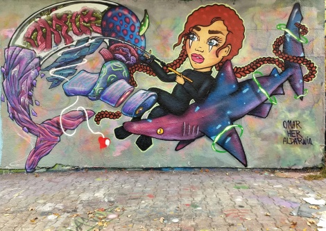 Collaboration of Omar Bernal, Her and Aldarwin at the PSC legal graffiti wall